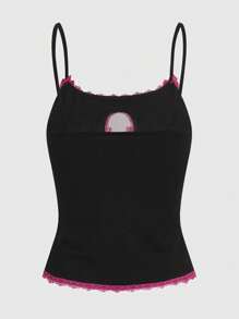 ROMWE Kawaii Skull Embroidery Contrast Lace Bow Detail Cami Top - Black - View 2