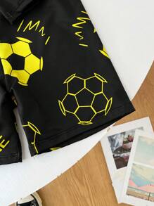 SHEIN 青少年男孩合身篮球夜光图案分体泳衣两件套，适合春夏季节和海滩度假 - 黃色 - 查看 9