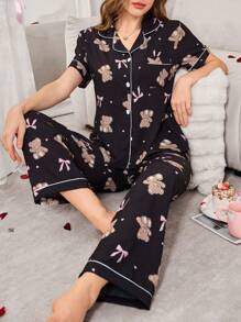 泡泡皱熊 & 蝴蝶结印花短袖睡衣套装 - 黑色 - 查看 6