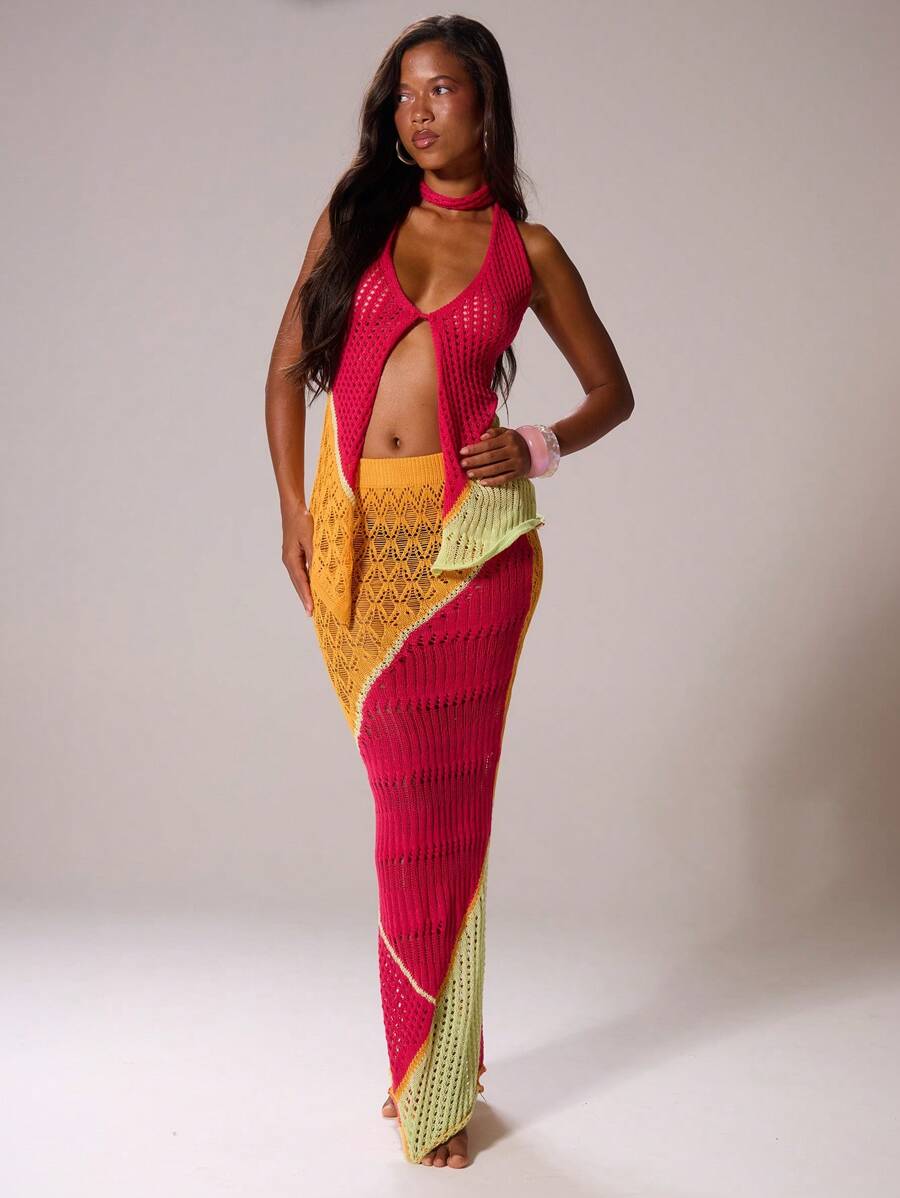 MUSERA Low Rise Textured Crochet Knit Fishtail Hem Contrast Panel Maxi Skirt Ibiza Sexy Vacation Holiday Spring Summer Festival Beachwear Romantic Elegant Birthday Cover Up Tequila Sunrise, Beach Club Chic - Multicolor - View 1