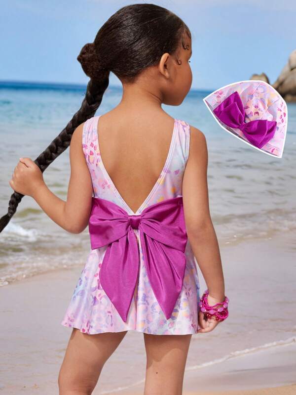 SHEIN 1 Set Young Girls Knitted Crew Neck 3D Bowknot One-Piece Swimsuit With Swimming Cap