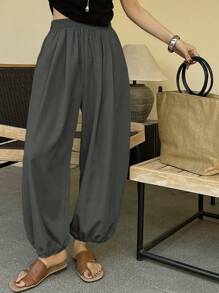 DAZY Women's Loose Solid Color Lantern Leg Cropped Pants Casual Holiday Trousers, Summer