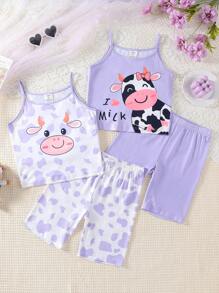 4 件套奶牛图案印花吊带上衣和短裤紧身裤套装，适合青春期女孩的简约可爱家居服