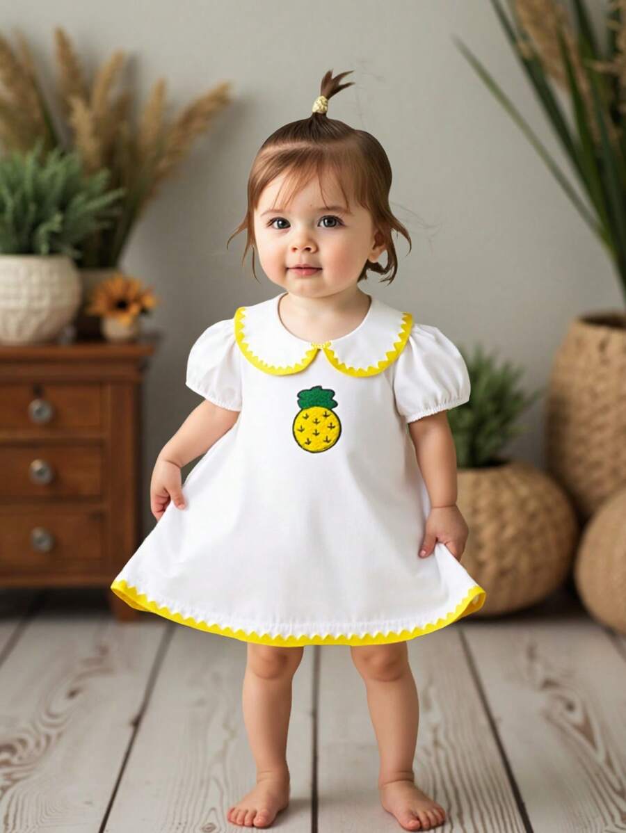 SHEIN Baby Girls White And Yellow Strawberry Embroidery Short Sleeve Dress,Cute Family Matching Summer Outfits - White - View 1