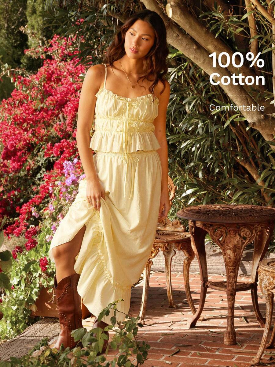 WESTFADE 高腰蝴蝶结前分层荷叶边直筒长裙，适合春夏海滩度假 - 白色 - 查看 1