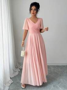 Elenzga Vestido elegante, romántico y sofisticado para mujeres con escote en V, mangas abullonadas y silueta evasé