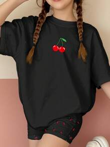 SHEIN Leap Crew 2 件套休闲青少年女孩短袖 T 恤和短裤套装，适合夏季