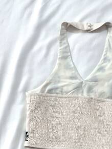 SHEIN Leap Crew Teen Girls 2 Pieces Floral Embroidered Halter Neck Crop Top And A-Line Mini Skirt Set, Vacation Outfit - Apricot Base With Black Flower Embroidery, Suitable For Beach, Holiday, Party, Music Festival - Apricot - View 5