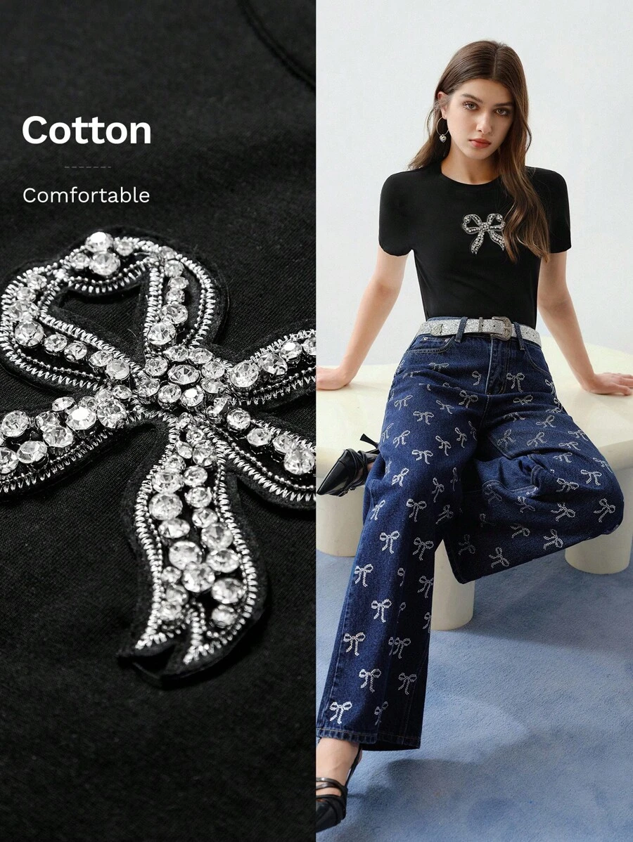 MOTF STUDIO RHINESTONE DETAIL BOW EMBROIDERY T-SHIRT,VALENTINE'S DAY,SPRING/SUMMER - Black - View 2