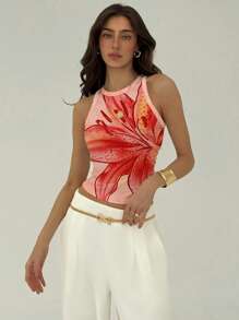 Aloruh Nueva blusa de tirantes informal para vacaciones con volantes, estampado tropical de lirios y teñido anudado, adecuada para el verano, vacaciones de primavera, festivales de música - Multicolor - Ver 2