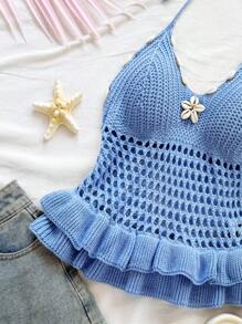 Soleia Women Solid Color Hollow Ruffled Hem Halter Knit Top Suitable For Dates Afternoon Tea Vacations Music Festivals Bohemian Style - Blue - View 6