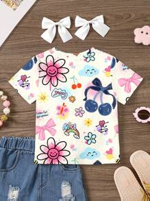 SHEIN Leap Crew Camiseta de manga corta y cuello redondo informal y sencilla para niñas preadolescentes, con estampado de doodle de caras sonrientes, moños y cerezas en rosa, adecuada para el verano - Multicolor - Ver 3