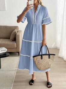 Breezaya Vestido de mujer para resort con decoración de volante con estampado floral de olas - Azul - Ver 5