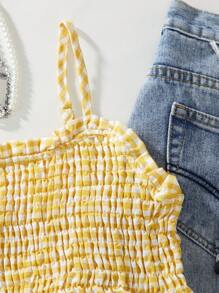 青少年女孩格子吊带背心，夏季时尚背心 - 黃色 - 查看 5