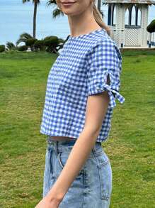 SHEIN EZwear 藍白相間格子印花鑽石後扣紮結袖口上衣，適合夏季外出 - 藍白色 - 查看 9