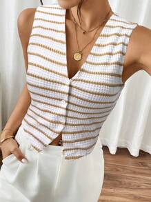SHEIN Frenchy 女士无袖V领条纹上衣，夏季时尚休闲棕色