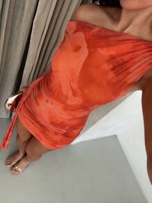 Glamine Women's Summer Burnt Orange Mesh Ruched Tie Strap Fitted Dress,70's Party Disco Short Graduation Dresses,Club Night Vacation Outfits Woman S Clothes - Orange - View 3