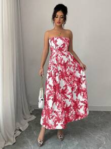 Elenzga Fitted All-Over Print Strapless Vacation Dress, Suitable For Summer - Baby Pink - View 6