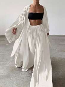 INAWLY 2pcs/Set Women Solid Color Lantern Sleeve Long Open Front Jacket And Pants Fall Cloth For Women - White - View 2