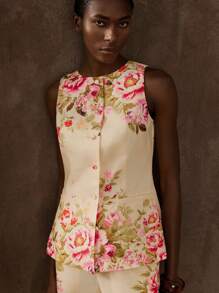 Maija Completo elegante da donna con vestaglia smanicata e pantaloni slim dritti, stampa di peonie, design in vita arricciato, chic per vacanze primavera/estate, feste, vita raccolta