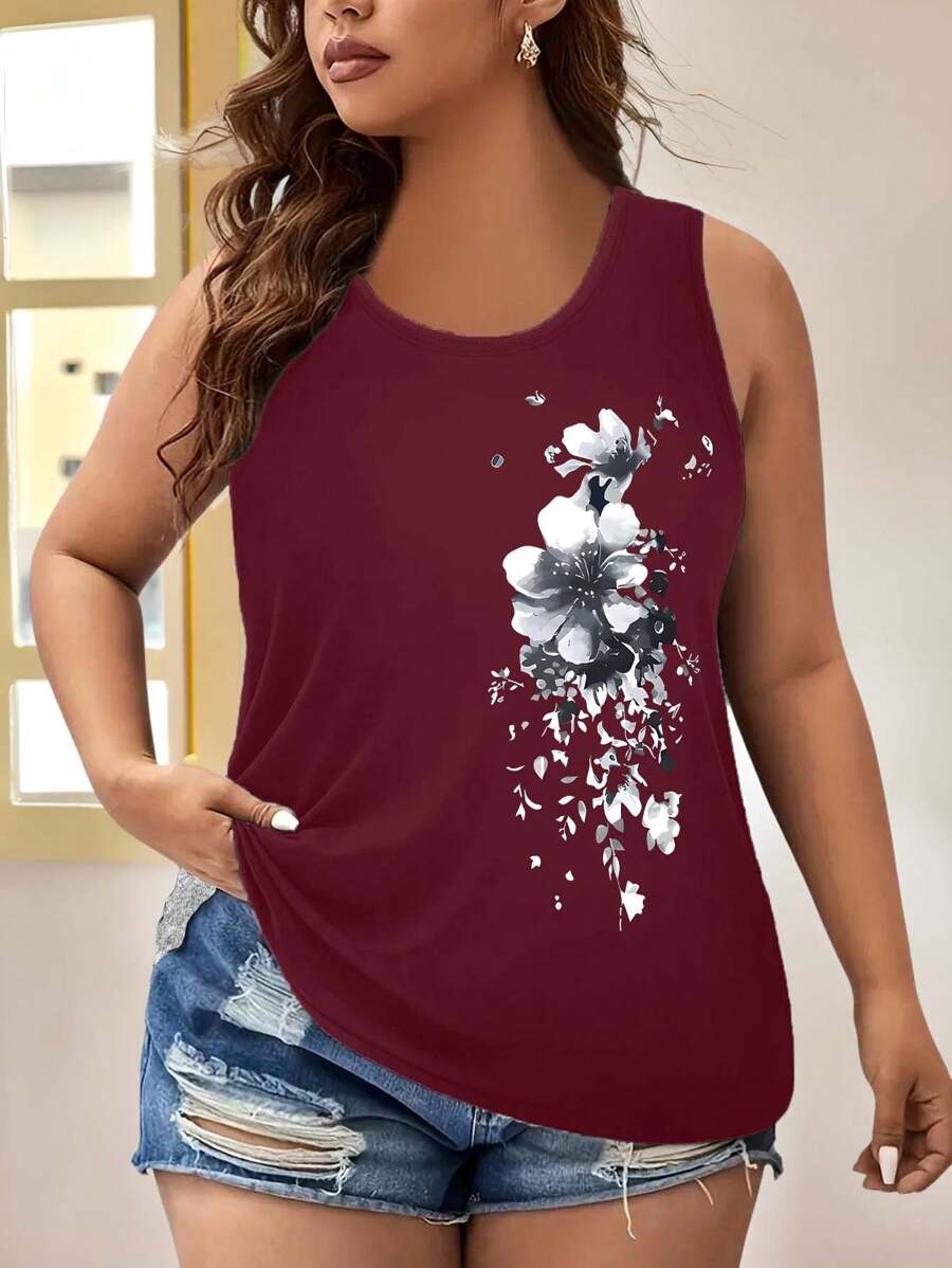 EMERY ROSE Women's Plus Size Casual Tank Top, Floral Pattern Sleeveless Crew Neck Tank Top - Burgundy - View 1