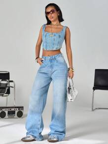 EURMUSE HIGH RISE STRAIGHT JEAN FIT BACK BUTTON - Medium Wash - View 1