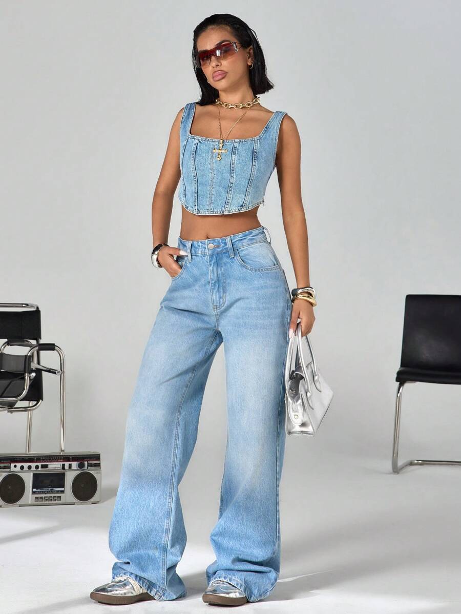 EURMUSE HIGH RISE STRAIGHT JEAN FIT BACK BUTTON - Medium Wash - View 1