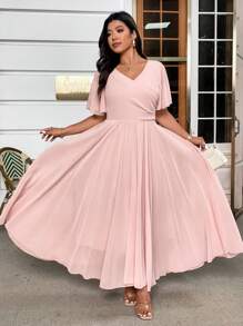 DreamSkyne 大码女式 V 领雪纺短袖紧身正式派对礼服，优雅设计，适合高端场合，A 字长裙，春夏 - 粉色 - 查看 9