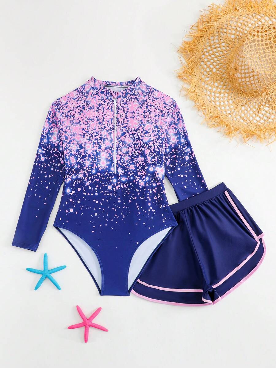 SHEIN 青少年女童连体泳衣(含短裤)两件套,长袖前拉链,全新设计,适合春夏季海滩游泳。彩色扎染渐变图案,亮丽浅色设计,时尚百搭。舒适面料,浅蓝粉色设计,清新时尚 - 藏蓝色 - 查看 1