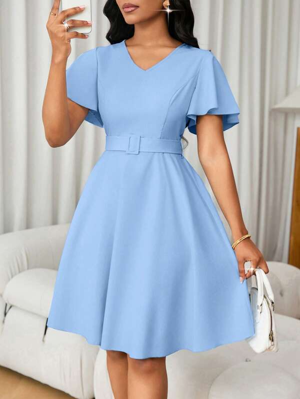 Lunelith SHEIN Lunessa Women's Elegant Minimalist Solid Color Ruffle Sleeve A-Line Dress, Summer
