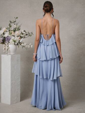 L'Amorae 优雅浪漫婚礼宾客纯色露背分层雪纺长裙