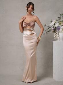 L'Amorae Women's Elegant Wedding Guest Color Block Soft Coffee Latte Satin Ruched Top - Multicolor - View 5