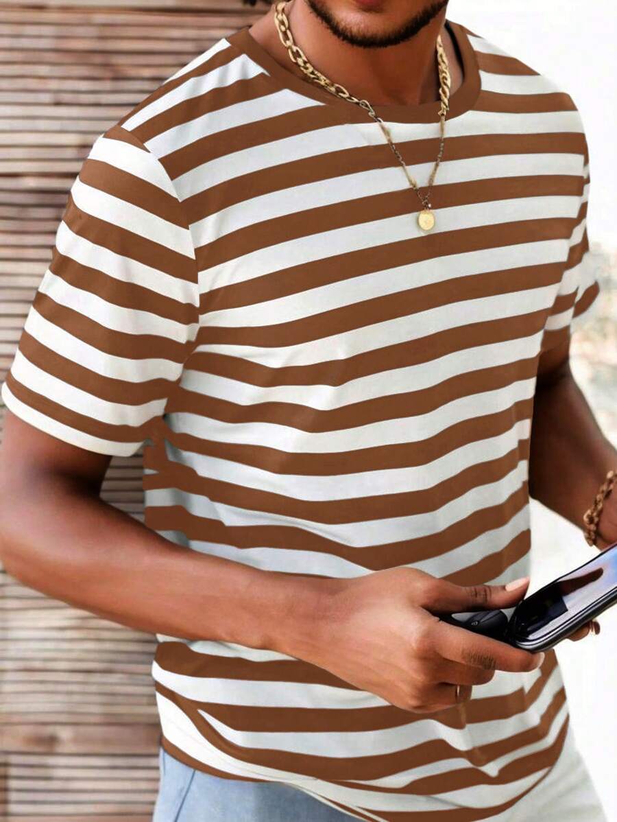 Manfinity Homme Men Summer Casual Color Block Striped Short Sleeve T-Shirt - Brown - View 1