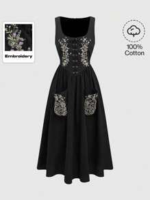 ROMWE Renaissance Gothic Dark Style Snake Skin Embroidery Medieval Vintage Midi Dress For Women - Black - View 1