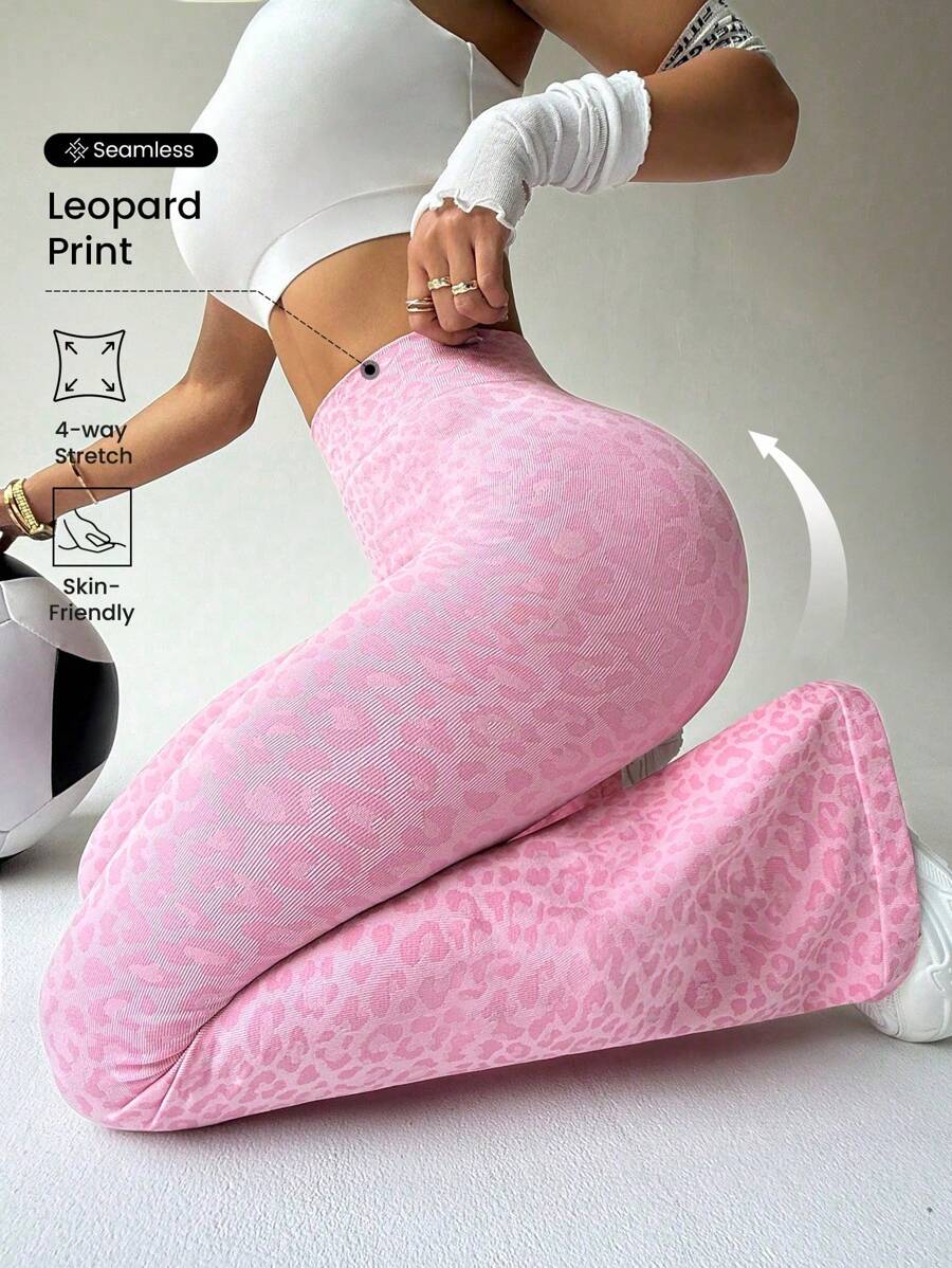 Sovereign Charm Gym yogabyxor med hög stretch för kvinnor, sportbyxor med leopardtryck vid ben - Rosa - Visa 1