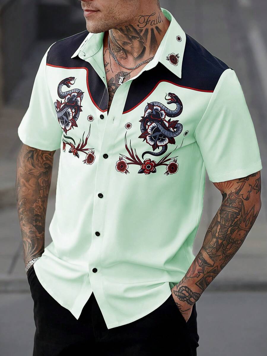 Manfinity Homme Áo sơ mi nam in hình con rắn, thời trang cho mùa hè - Nhiều màu - Xem 1