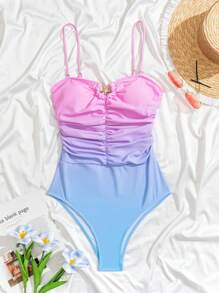 Swim Vcay Springbreak Women One-Piece Swimsuit With Metal Buckle, Ruched, Minimalist, Gradient Print Design, Flattering For Summer Beach Vacation - Multicolor - View 7