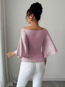 Elenzga Kaos Wanita Rajut Elastisitas Tinggi Lengan Lebar Leher Bulat Warna Polos Elegan - Purple - View 2