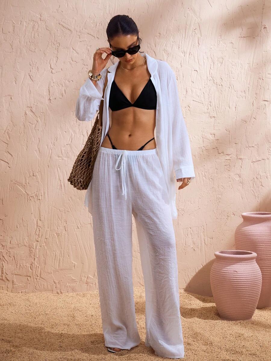 Swim Chiccia 1 件女士宽松轻薄半透明度假沙滩装雪纺和服罩衫，适合夏季 - 白色 - 查看 1