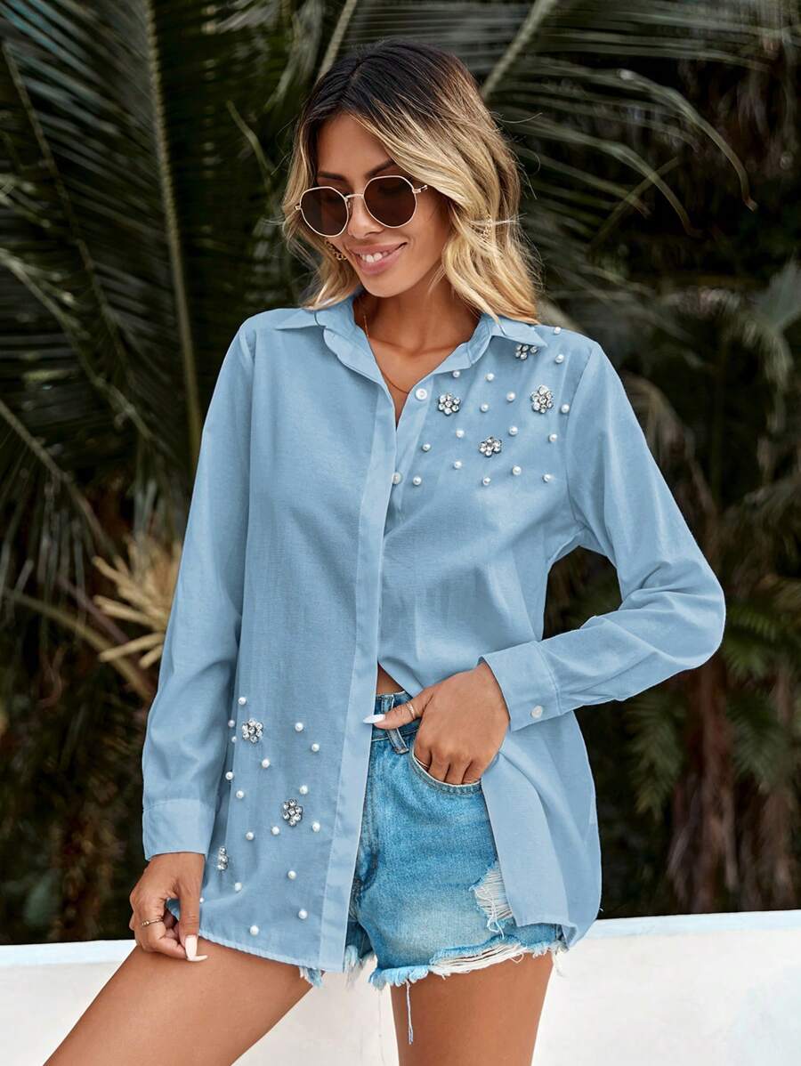 EURMUSE Áo sơ mi cài nút đính ngọc trai và đá Rhinestone 100% Cotton - Màu xanh nhạt - Xem 1
