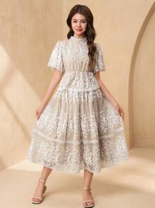 SHEIN 2pcs Teen Girl Elegant 3D Floral High Neck Ruffle Sleeve Blouse + Mid-Length Skirt Set - Multicolor - View 5