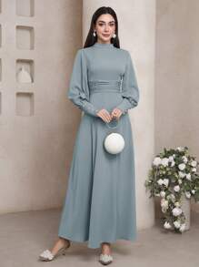 Veilorie 女式优雅纯色褶饰腰阿拉伯风格连衣裙 - 藍色 - 查看 6