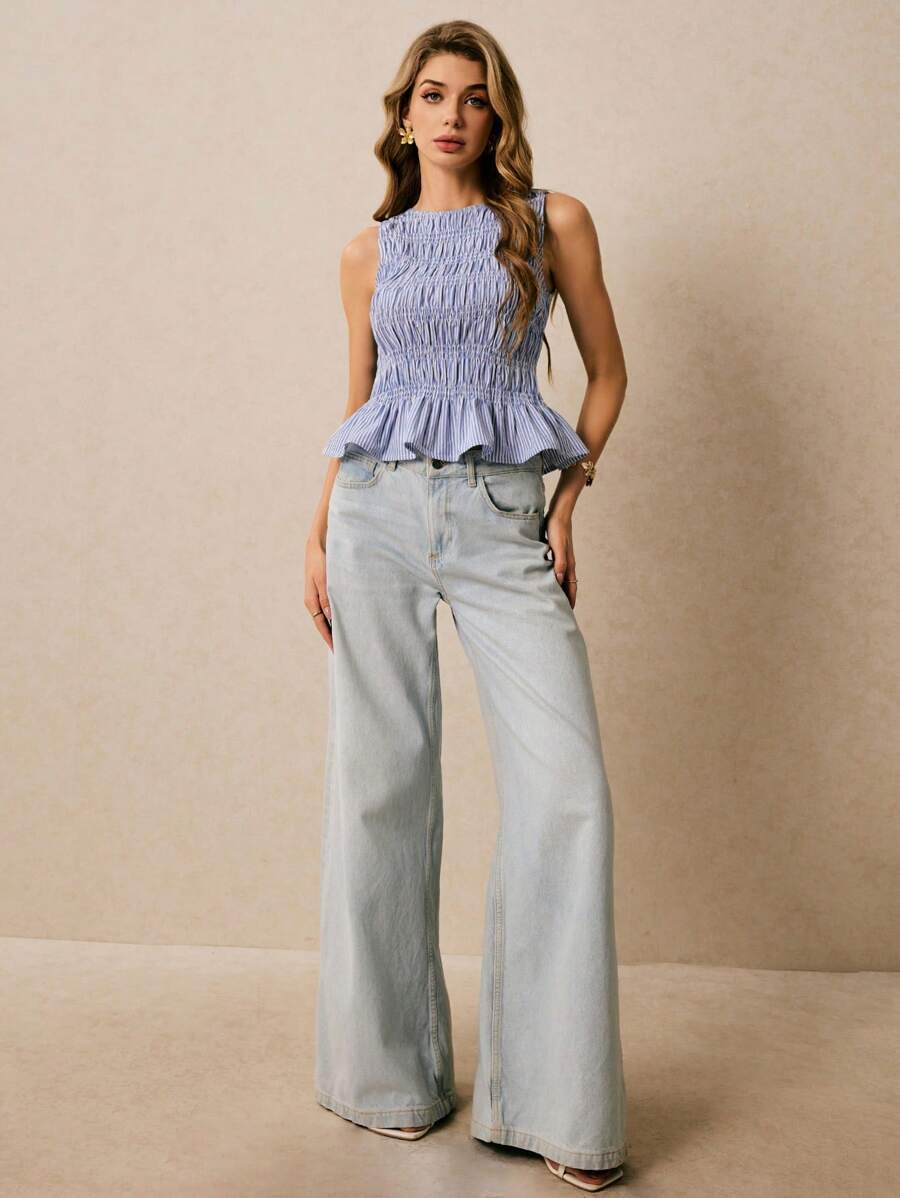 Poéselle Damen Sommer Lässig Streifen Rüschen Saum Trägertop, Rüschen Top