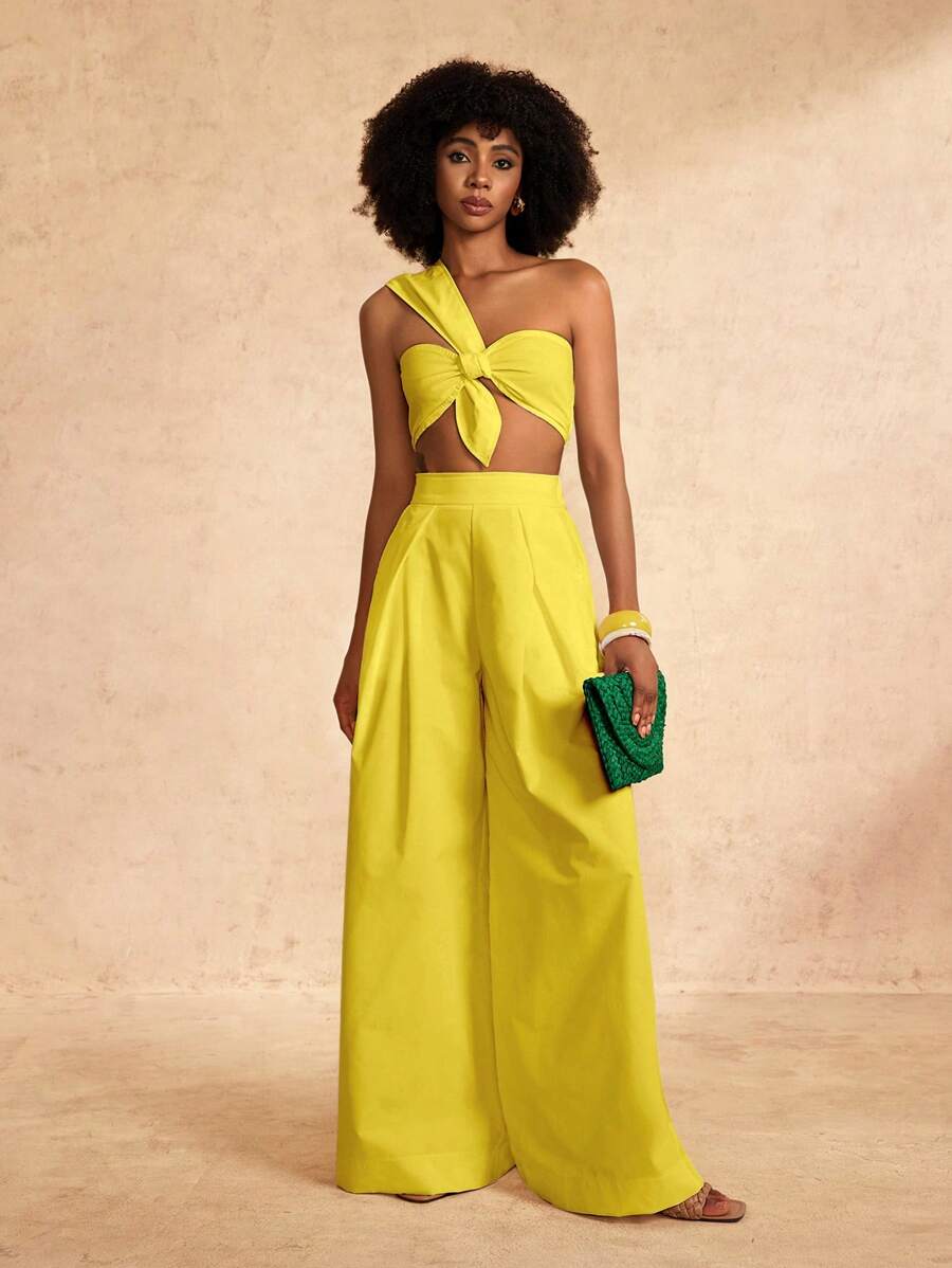 Zivah New Spring And Summer Casual And Elegant Vacation One-Shoulder Chest Knotted Strap Design Back Cropped Top + Wide-Leg Super Trousers White Woven Women's Two Pieces Set-A