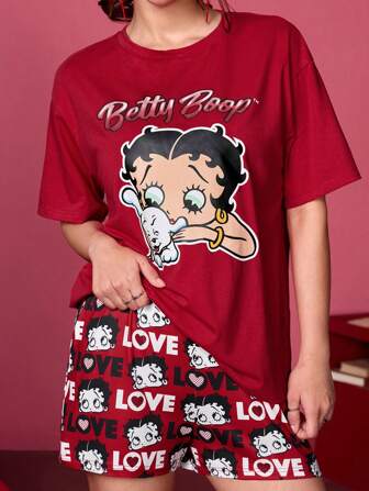 Betty Boop x SHEIN Dam Casual Tecknad Grafisk Rund Hals Kortärmad Topp Och Shorts Röd Pyjamas Set, Sommar