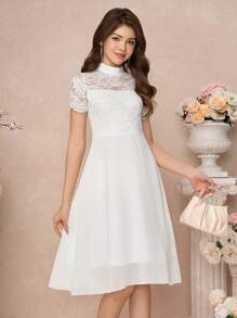 SHEIN Pitira Vestido de encaje blanco semitransparente y parches de gasa hasta la mitad de la pierna para niñas adolescentes, apropiado para ocasiones como fiestas, elegante, bodas, regreso a clases, graduación