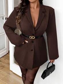 SHEIN Frenchy Plus Size Solid Color Front Button Belted Elegant Long Sleeve Blazer Jacket,Winter