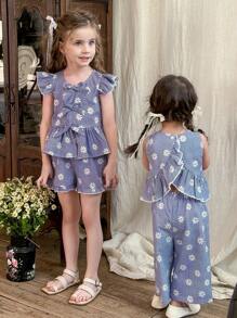 LMoss Kids LMoss 2pcs Young Girl Casual Striped Chiffon Blouse With Shorts Set,Suitable For Spring And Summer - Blue and White - View 3