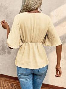 Chiquease Solid Color Crossed Wrap Tie Waist Elegant Short Sleeve Blouse - Yellow - View 2