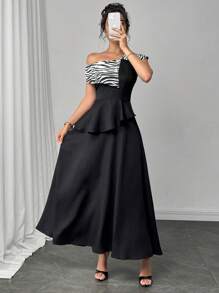 Modelyn Abito da donna stile coreano, a vita stretta, con linea ad A, colletto asimmetrico e fantasia principe di galles lungo - Multicolore - Visualizzare 5